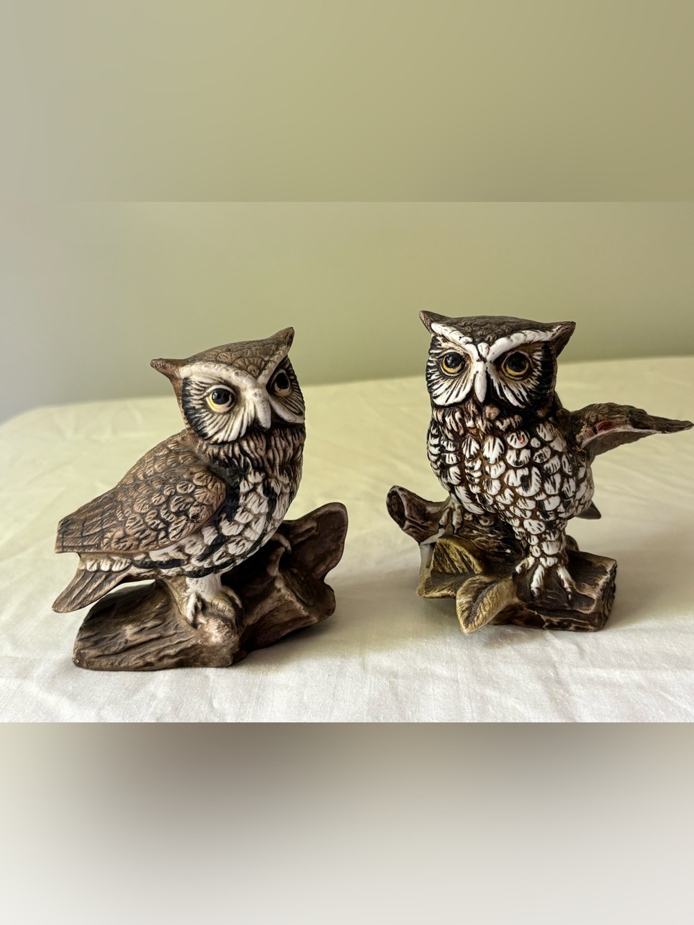 Homco Brown and Cream Owl Figurine Pair